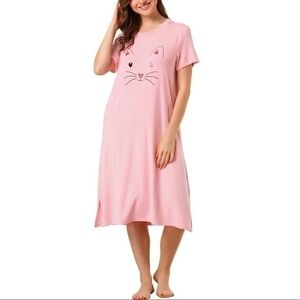 Pink Nightgown Sleepwear Cat Print Short Sleeve Sleep Dress Size M